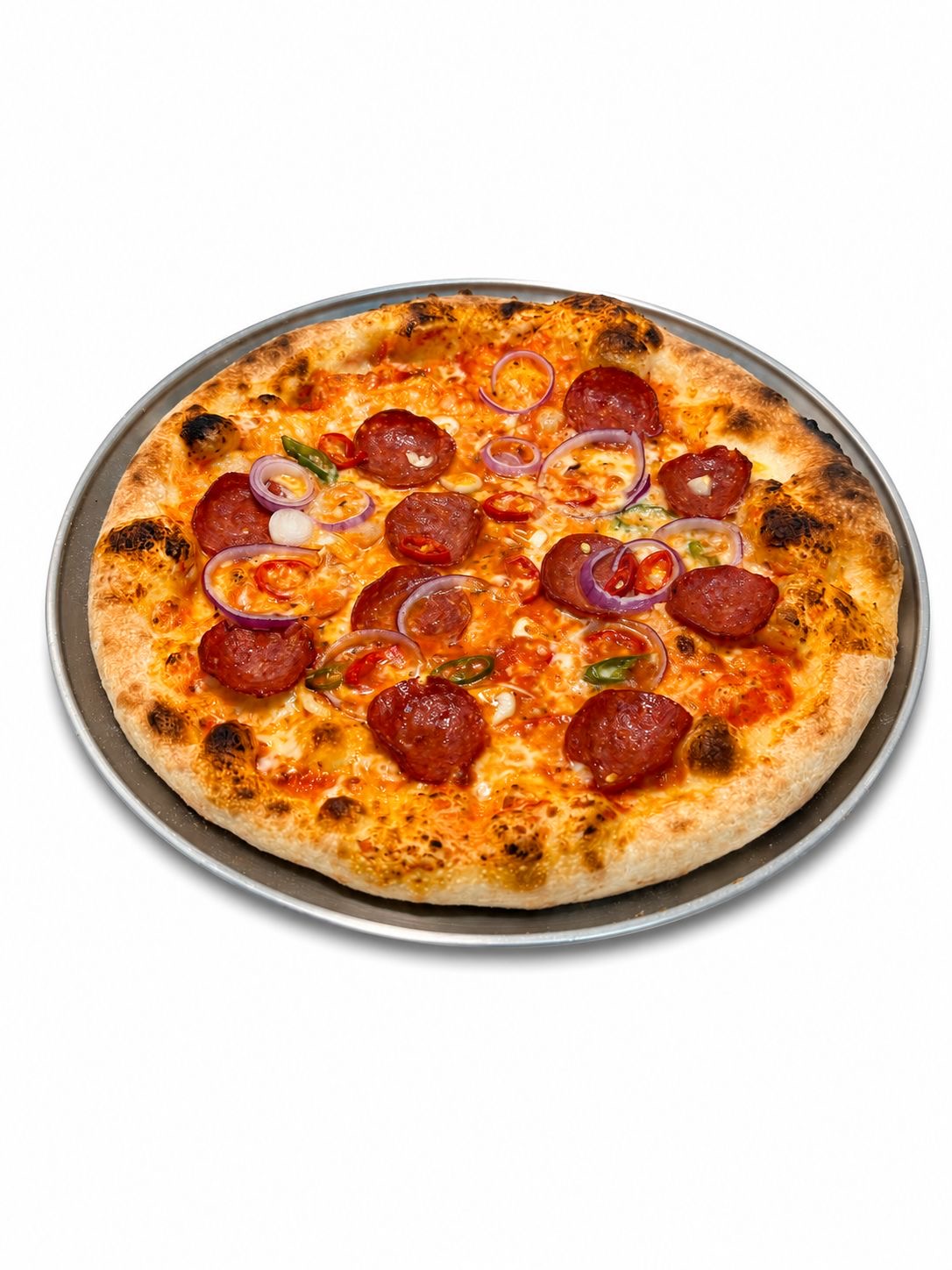 Arabica — Mozzarella, tomato sauce, beef salami, red onions and fresh chili